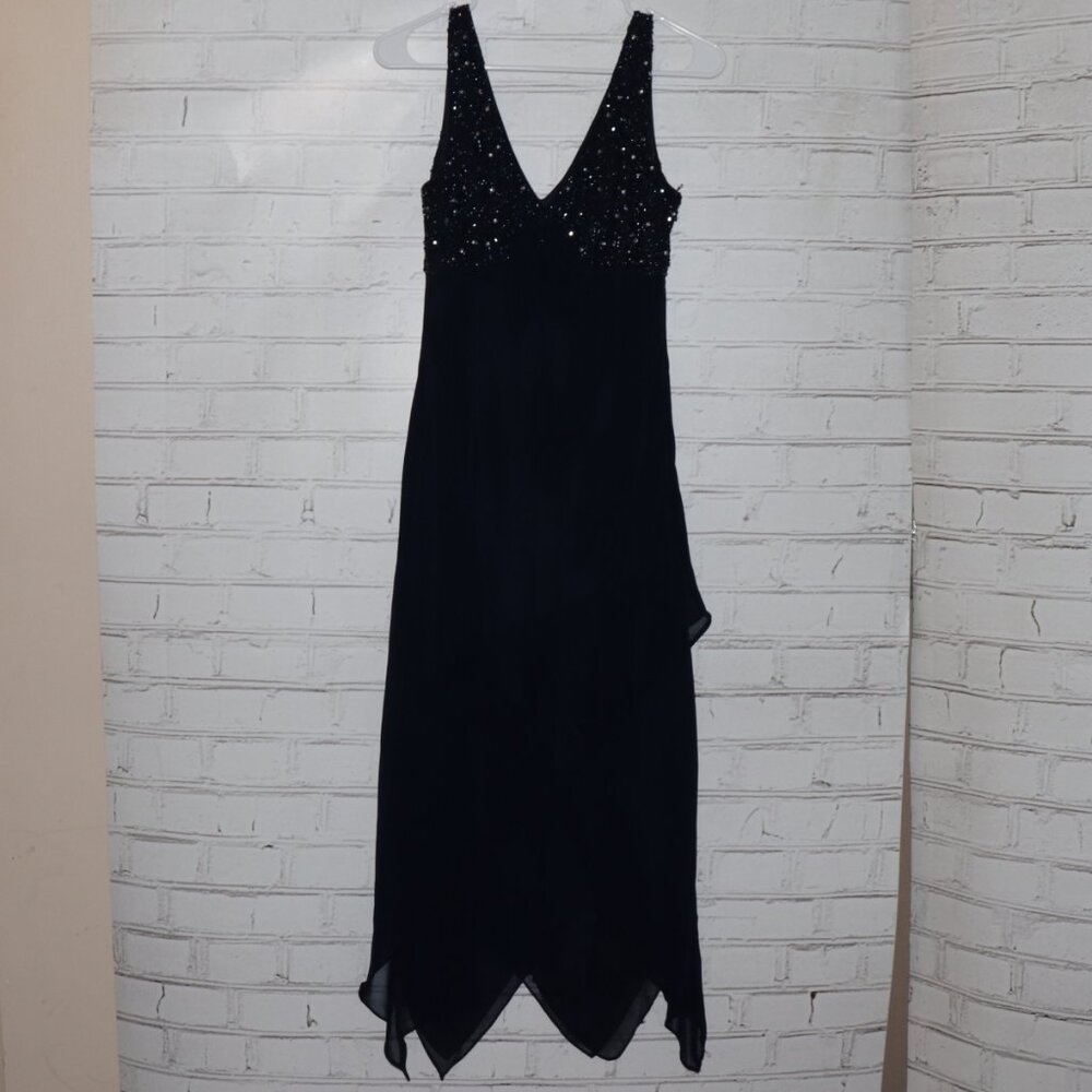 💙 Eva Blue Beaded Asymmetrical Dress · Size 6 · Navy Blue